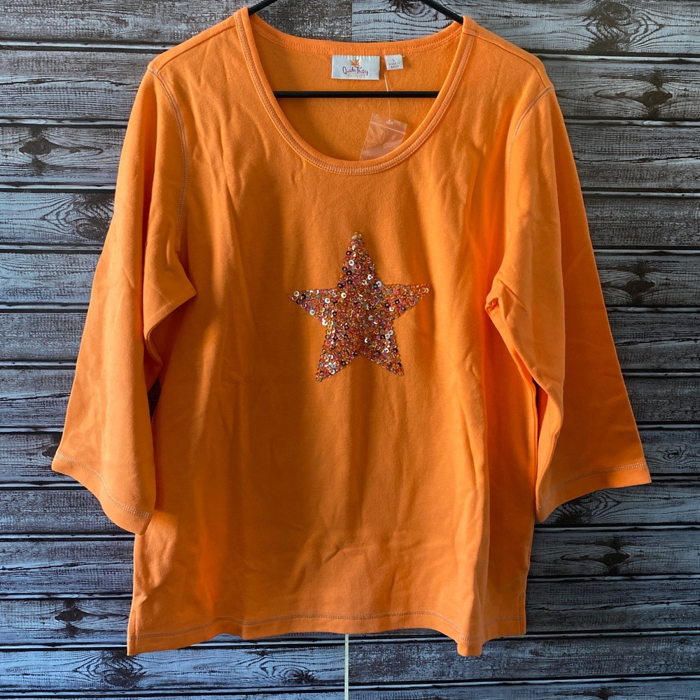 Quacker Factory Women's Long-Sleeved Top Size L‎ Orange Sequins Star NWOT